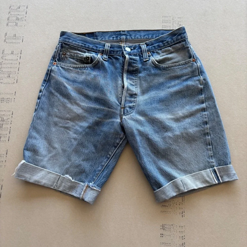 Vintage 80s Levis 501 Selvedge Denim Jean Shorts Light Wash Button Fly